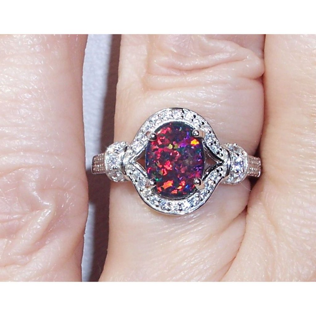 925 Sterling Silver Lab Created Black Fire Opal Cubic Zirconia Ring